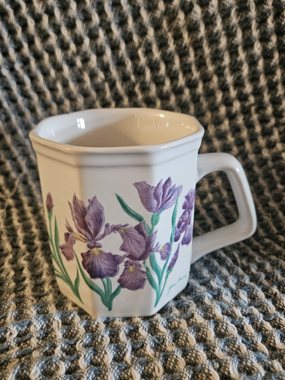 White Ceramic Mug with Purple Iris Floral Design